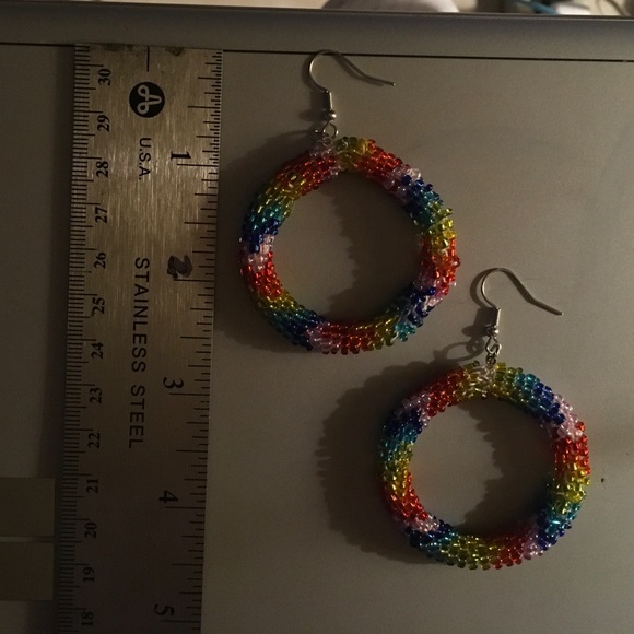 Hand Crafted Rainbow Bead Crochet Hoop Earrings - Picture 4 of 6